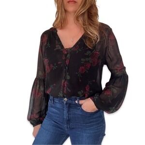 PAIGE 100% Silk Joplin Rose Top Blouse Black Sheer V Neck Long Sleeve Button Up